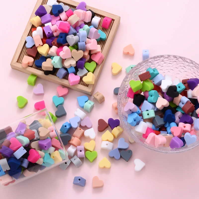 Silicone Teething Beads Teething Toys 10Pcs/Lot 14mm Heart Shape Silicone Beads Baby Nursing Chewable Teething Beads Pacifier Teether DIY Necklace Accessories