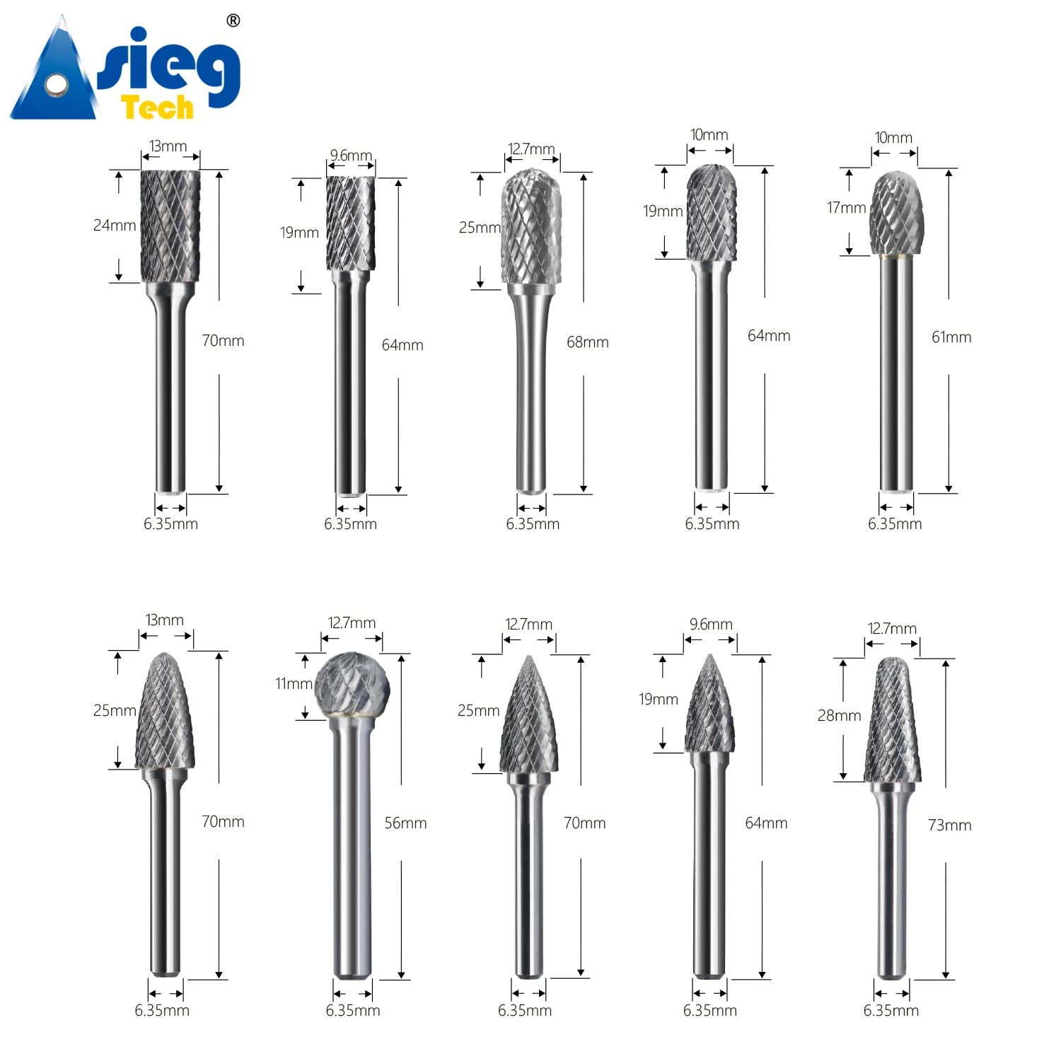 10pcs Carbide Burr Set Die Grinder Bits Rotary Files 1/4" 6.35mm Shank for Grinding Wood Metal Fits Dremel Reamer Tools 2