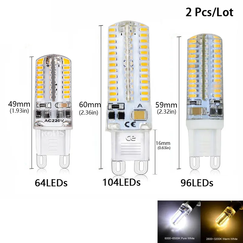 2Pcs/Lot G9 LED 220V Corn Bulb  35 64 96 104 LEDs Silica Gel SMD 3014  LED Lamp Chandelier Candle  LED Light 90% Energy Saving