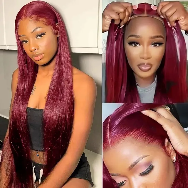 Straight Red 99J Burgundy Color Synthetic 13X4X1 HD Lace Frontal Wig Prepucked Baby Hair Bleach Knots Glueless Wig Daily Party 2