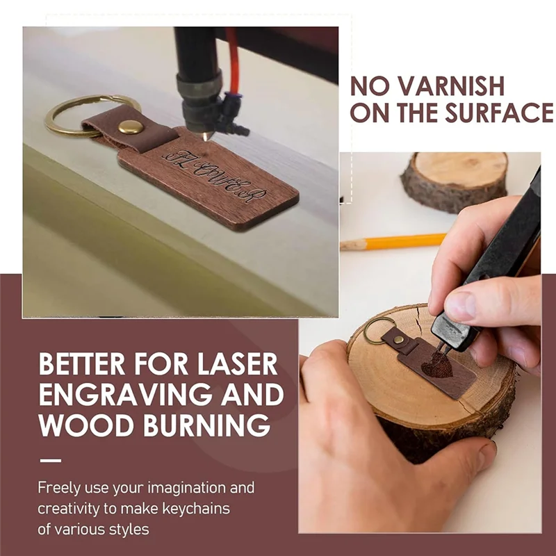 25PCS Wooden Keychain Blanks Rectangle Wood Keychain Blanks With Leather Strap Engraving Blanks Key Chain