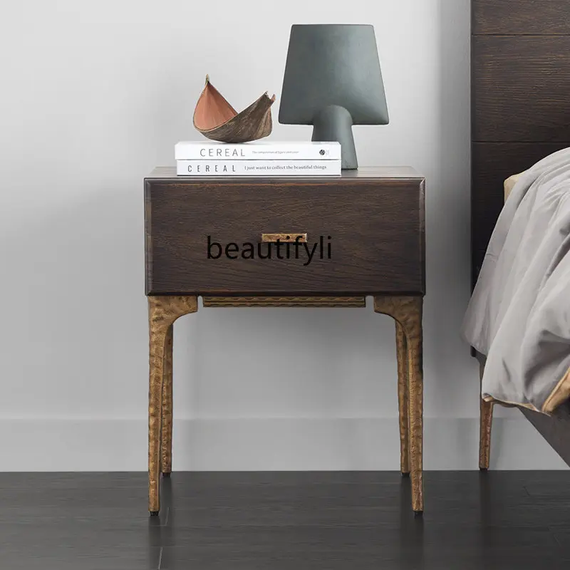 

Nordic Style Vintage Bedside Table Cast Iron Solid Wood Distressed Smoky Bedroom Bedside Cabinet