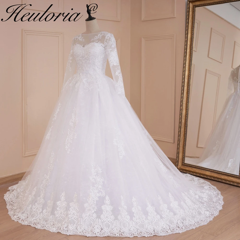 HEULORIA Princess Ball Gown Wedding Dress long sleeve bride dress O neck plus size robe de mariee Lace beading Bridal Gown