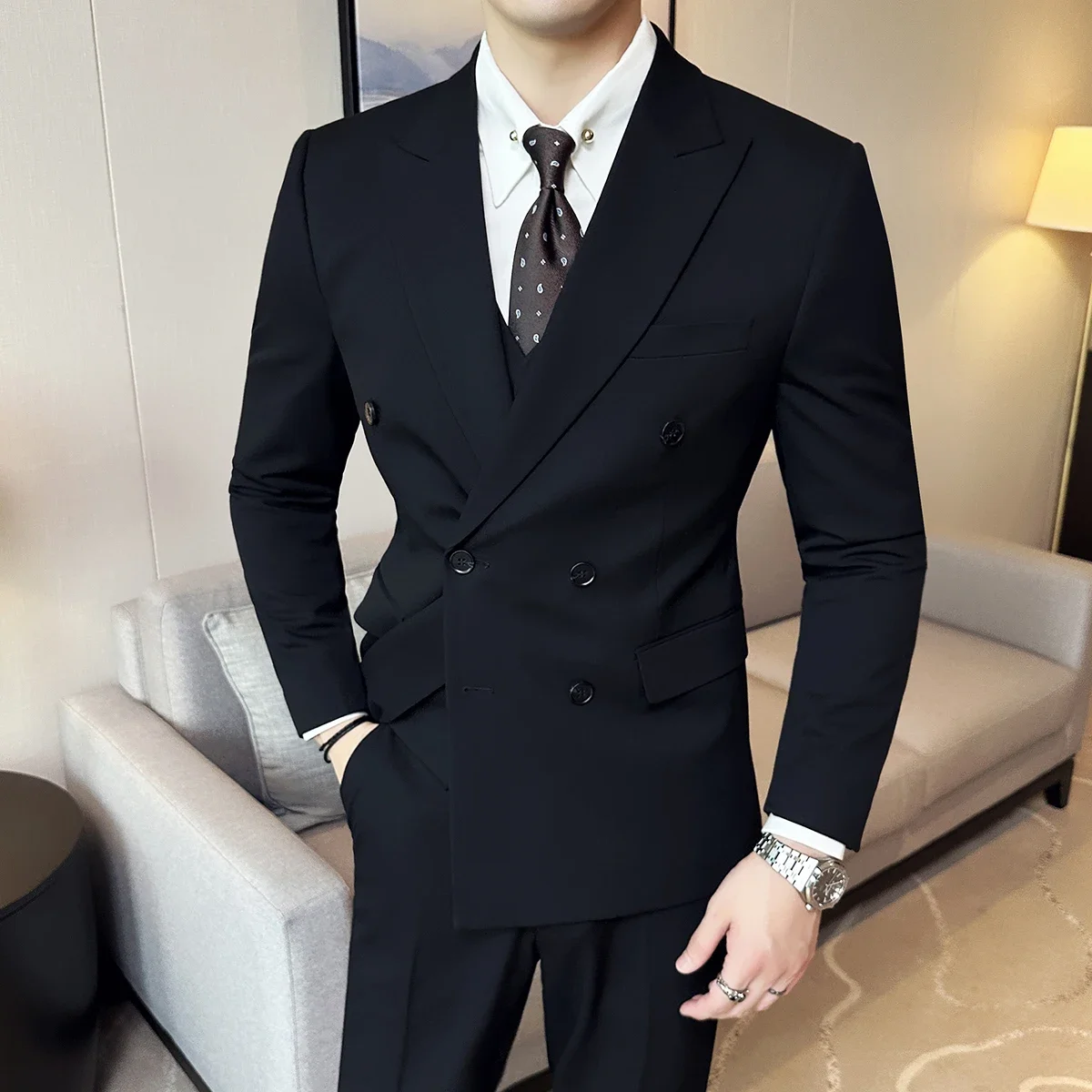 British Style Double breasted design men's suit formal business slim fit casual suits sets men wedding party tuxedo 3 pieces set,mens suit