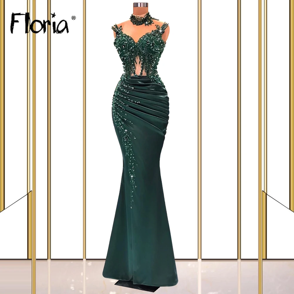 

Floria Luxury Emerald Green Mermaid Arabic Evening Dress for Women Wedding Beaded 2023 Elegant Formal Party Gown