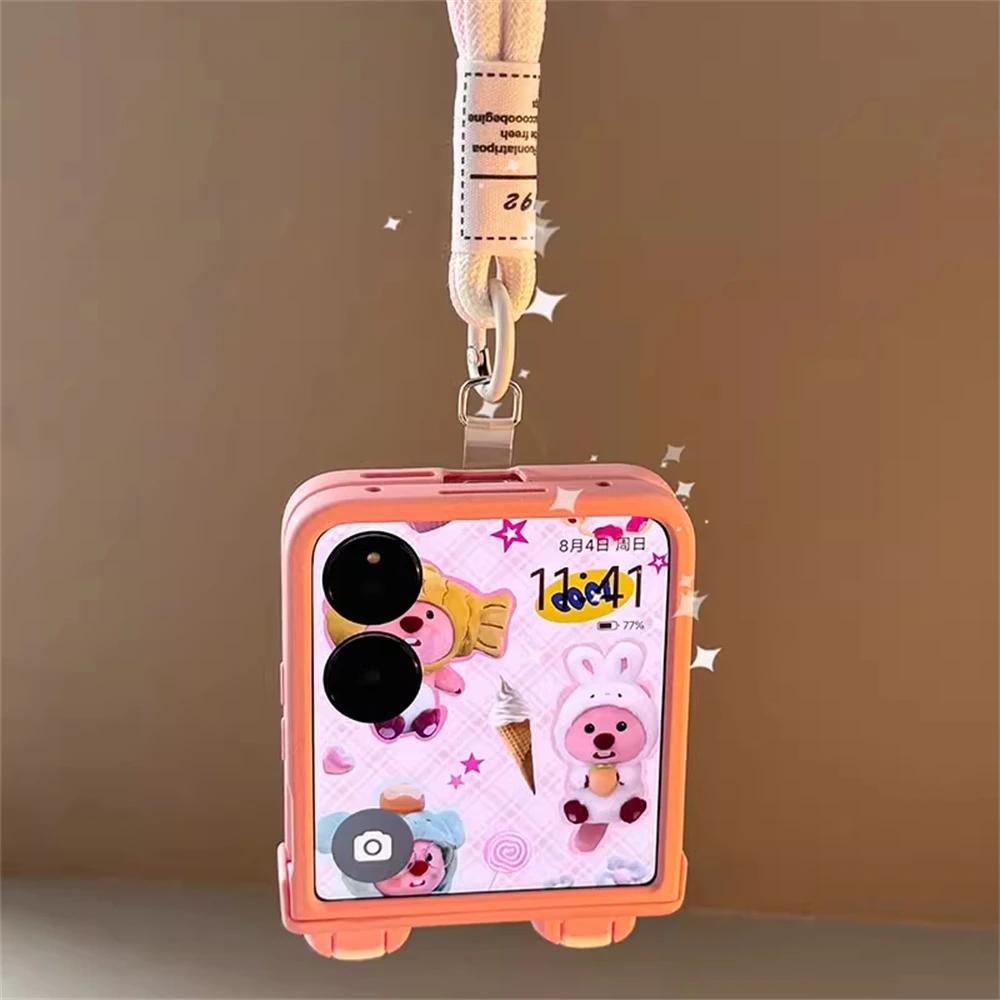 Korean Cute Cartoon Anime Pink Ear Phone Case with Hand Strap Cover
