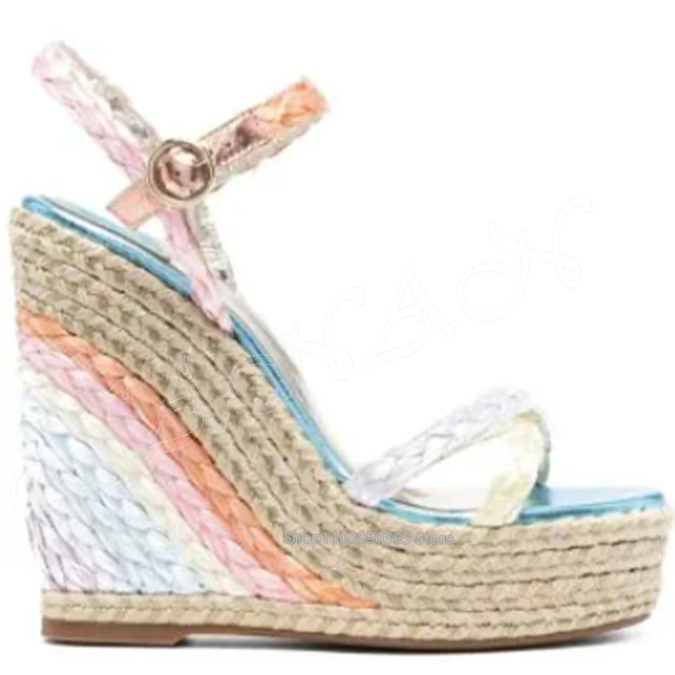 

Cross Band Weave Platform Sandals Hollow Ankle Buckle Wedges Shoes for Women Cut heel High Heels 2023 New Zapatos Para Mujere