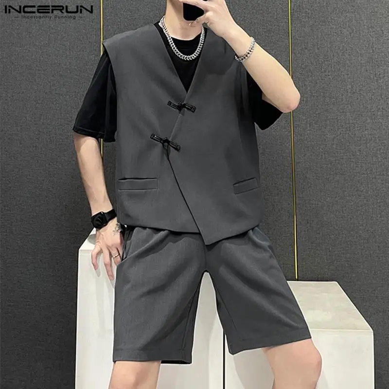 

Chinese Style Men Fashion Sets Buckle Design Solid Well Fitting Comfortable Vests Shorts Casual Suit 2 Pieces S-5XL INCERUN 2023