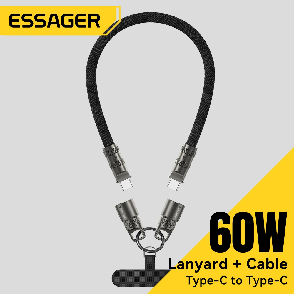 Essager 2 في 1 60 واط USB-C إلى Type-C كابل بيانات الحبل 3A PD شحن سريع لأجهزة iPhone 16 15 سامسونج هواوي أجهزة الكمبيوتر المحمولة مكافحة خسر حبل