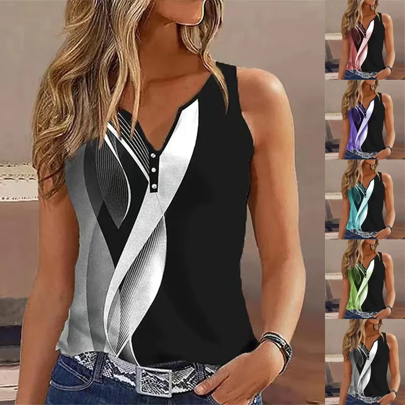 

Summer Women's Sexy V-Neck Abstract Print Pullover Sleeveless Tank Top 2023 New Combination Casual T-Shirt Plus Size Loose Top