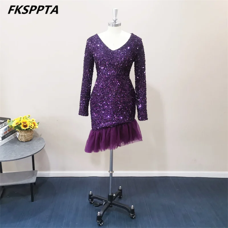 

Short Purple Prom Dresses Long Sleeves Sheath V Neck Stretchy Sequins Homecoming Birthday Gowns Robe De Soiree