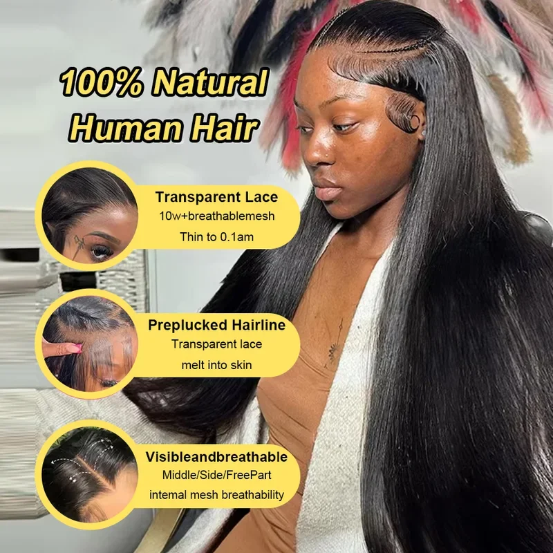 30 34 40 Inch 13x6 HD Transparent Bone Straight Lace Frontal Wigs 5x5 Glueless Wear and Go Human Hair Wig 200 Density for Women