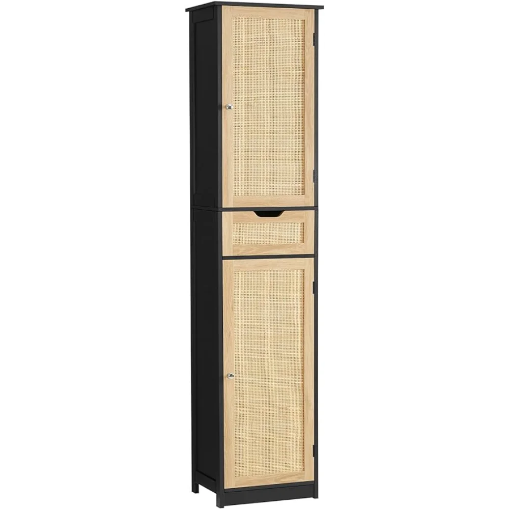 

Iwell Tall Bathroom Cabinet with Doors, Rattan Storage Cabinet with Adjustable Shelves, Freestanding Narrow Linen Cabinet for