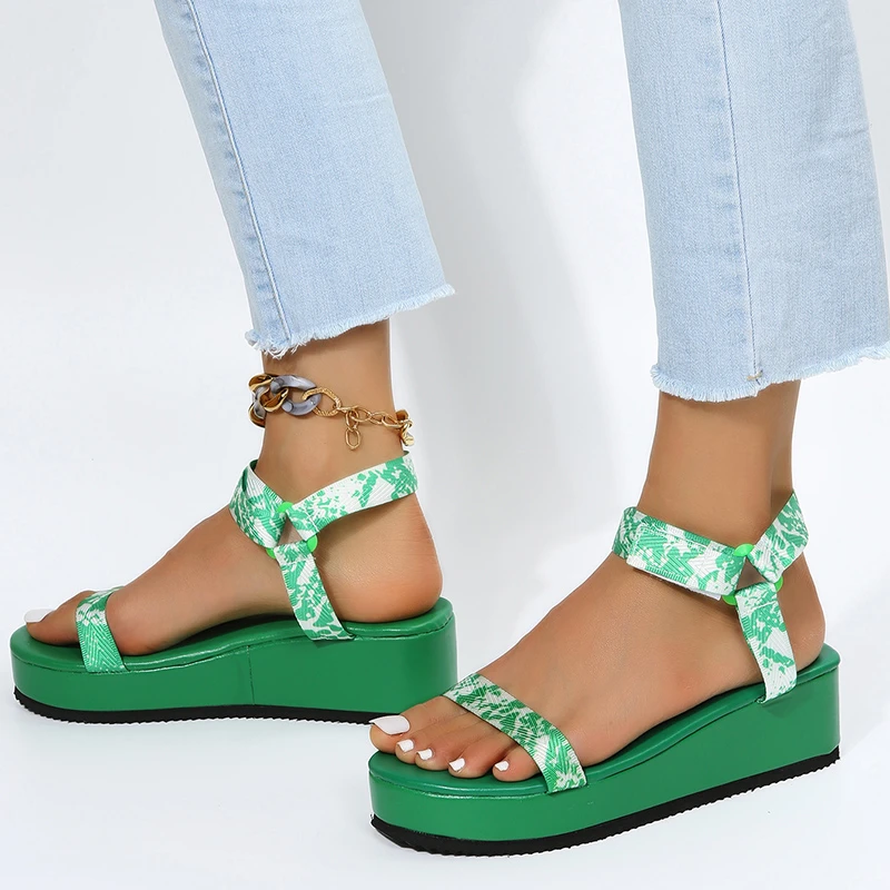 Fashion Print Womens Wedge Sandals 2022 Summer Ankle Strap Gladiator Shoes Woman Green Thick Bottom Platform Sandalias Plus Size