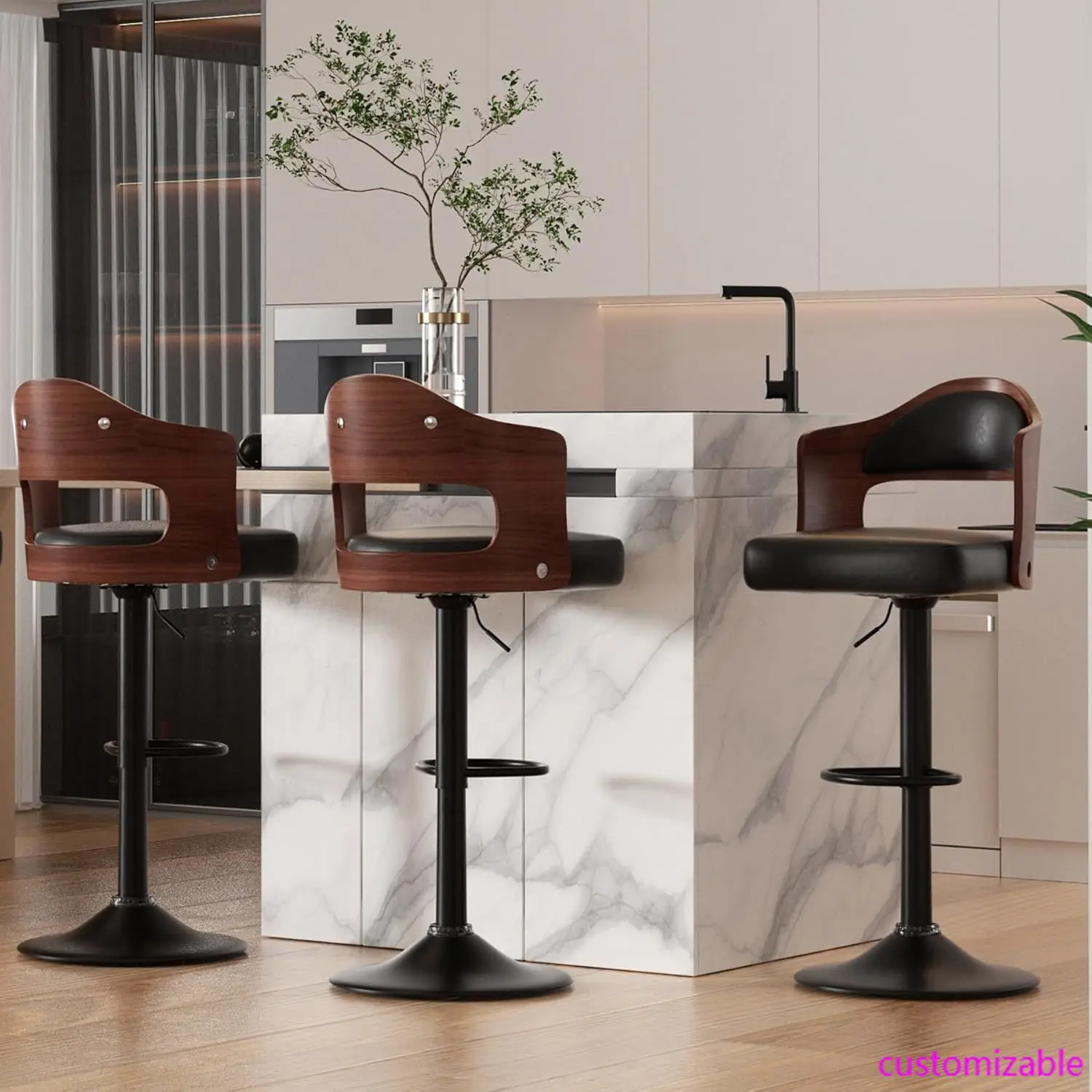 Swivel Bar Stools Set of 3 Seat Adjustable Height 24.5-33.5IN, Wooden Barstools PU Leather Upholstered Bar Chairs with Back