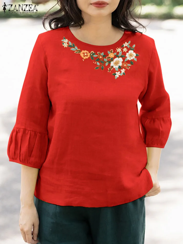 

ZANZEA 2024 Summer Flare 3/4 Sleeve Shirt Women Floral Embroidery Blouse Holiday Vintage Female Blusa Casual Loose Crewneck Tops