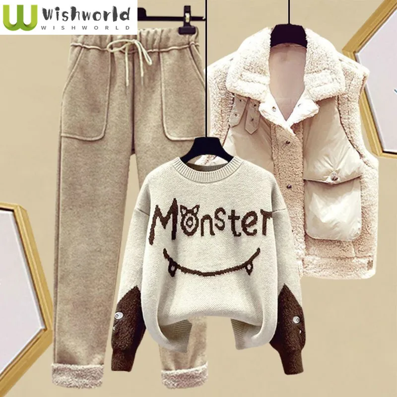 Women's Set 2023 Autumn/Winter New Korean Wool Lamb Tank Top Slim Sweater Plus Plush Casual Pants Three Piece Set 2023 women new autumn and winter cotton padded jacket lamb wool coat korean version overcoat plus velvet light outwear