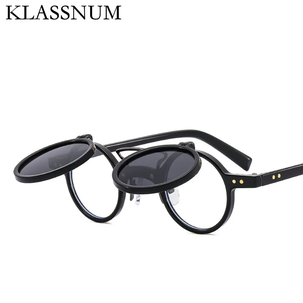 

KLASSNUM Retro Small Round Frame Punk Double Bridges Sunglasses Women Men Flip Lens Shades UV400 Rivets Sun Glasses For Travel