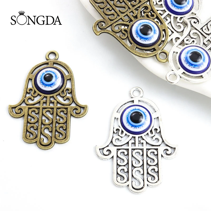 

4pcs Hamsa Hand Retro Totem Alloy Charms Antique Silver/Bronze Color Lucky Blue Evil Eye Pendants Making DIY Jewelry Accessories