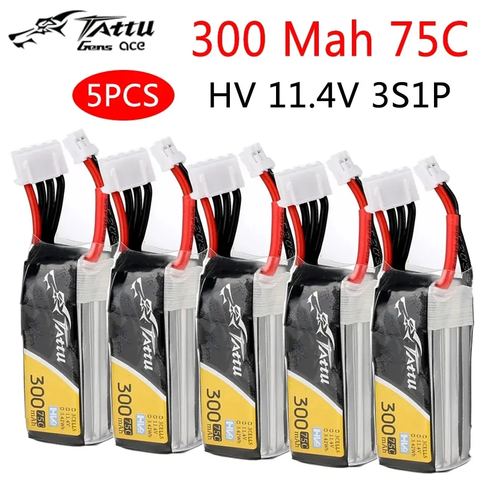 Vue de dessus de la batterie LiPo Tattu 300mAh 2S montrant les câbles et connecteur XT30