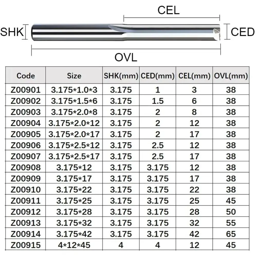 CNC Tool Carbide Straight Slot Milling Cutter 3.175mm Shank Silver End Mill 2 Flute End Mill Woodworking