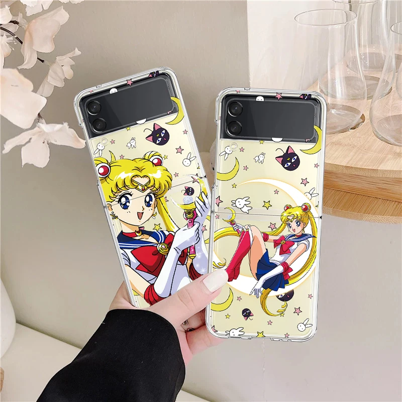 samsung galaxy z flip3 case Case For Galaxy Z Flip 3 5G Transparent Hard PC Back Cover For Samsung Galaxy Z Flip3 Protective Bumper Shell Sailor Moon Anime galaxy z flip3 phone case