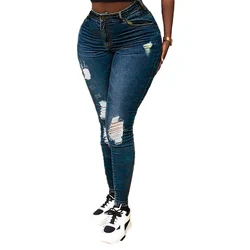 Calças de brim mulher baixa ascensão reta magro elástico calça streetwear buraco lavado denim angustiado comprimento total lápis calças