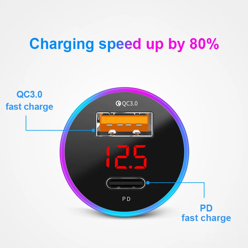 Car charger SEAMETAL PD+USB QC3.0 38W quick charging 12-24V cigarette lighter adapter with Led voltmeter display