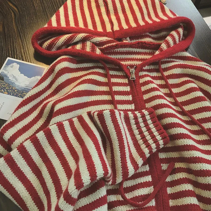 

Korean Stripes Hooded Knit Cardigan Woman Red Loose Casual Autumn Winter Sweater Zipper Coat Oversized Long Sleeve Top