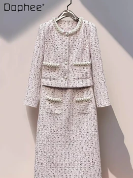 Elegant Pink Tweed Socialite Suit Beaded Round Neck Short Jacket + Split Mid-Length A-line Skirt Luxurious Two-Piece Set Women
