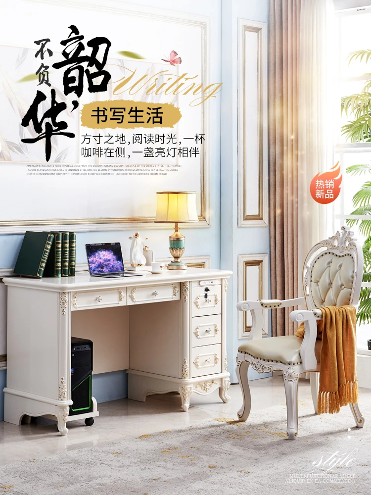 The product can be customized. European style computer desk solid wood luxury desk white writing desk desk size bedroom stu