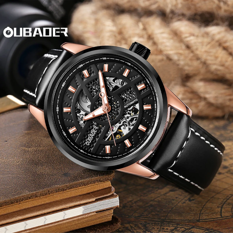 Oubaoer 2023 new architect series retro industrial style automatic hollowed-out movement waterproof wrist watch man mechanical w alexey shchusev architect of stalin’s empire style