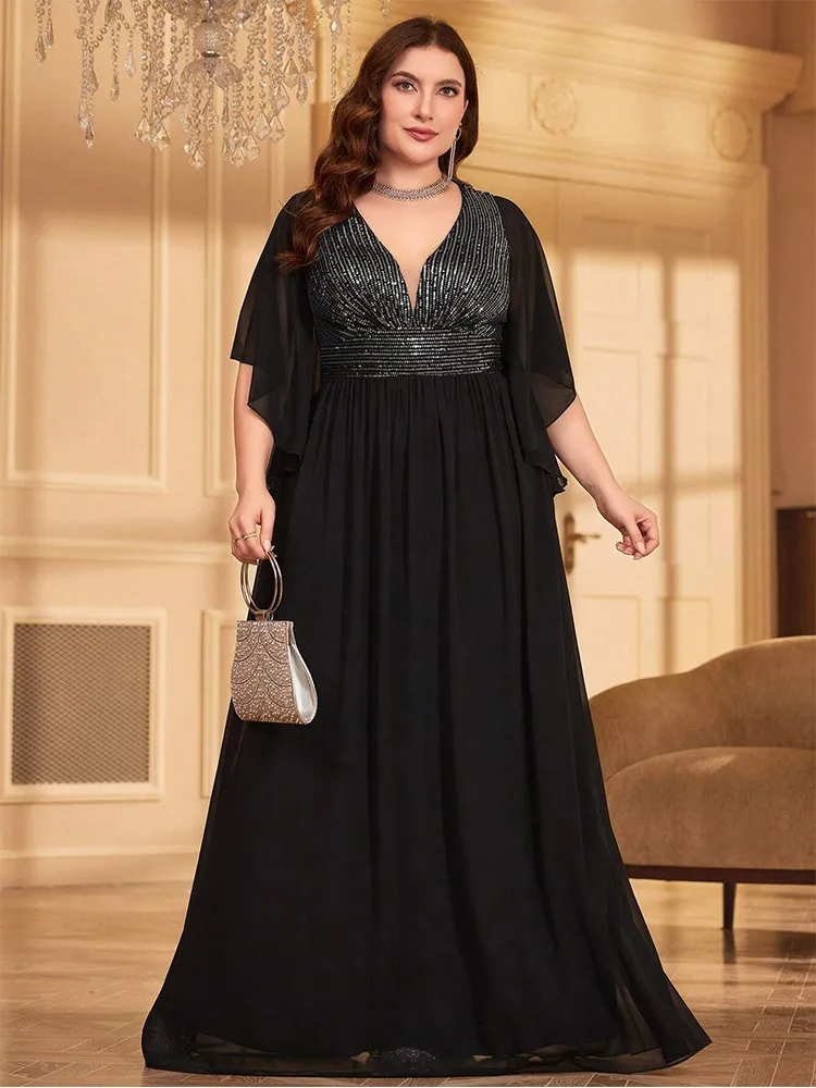 Vestido-de-noche-de-gasa-de-manga-corta-con-cuello-en-V-talla-grande ...