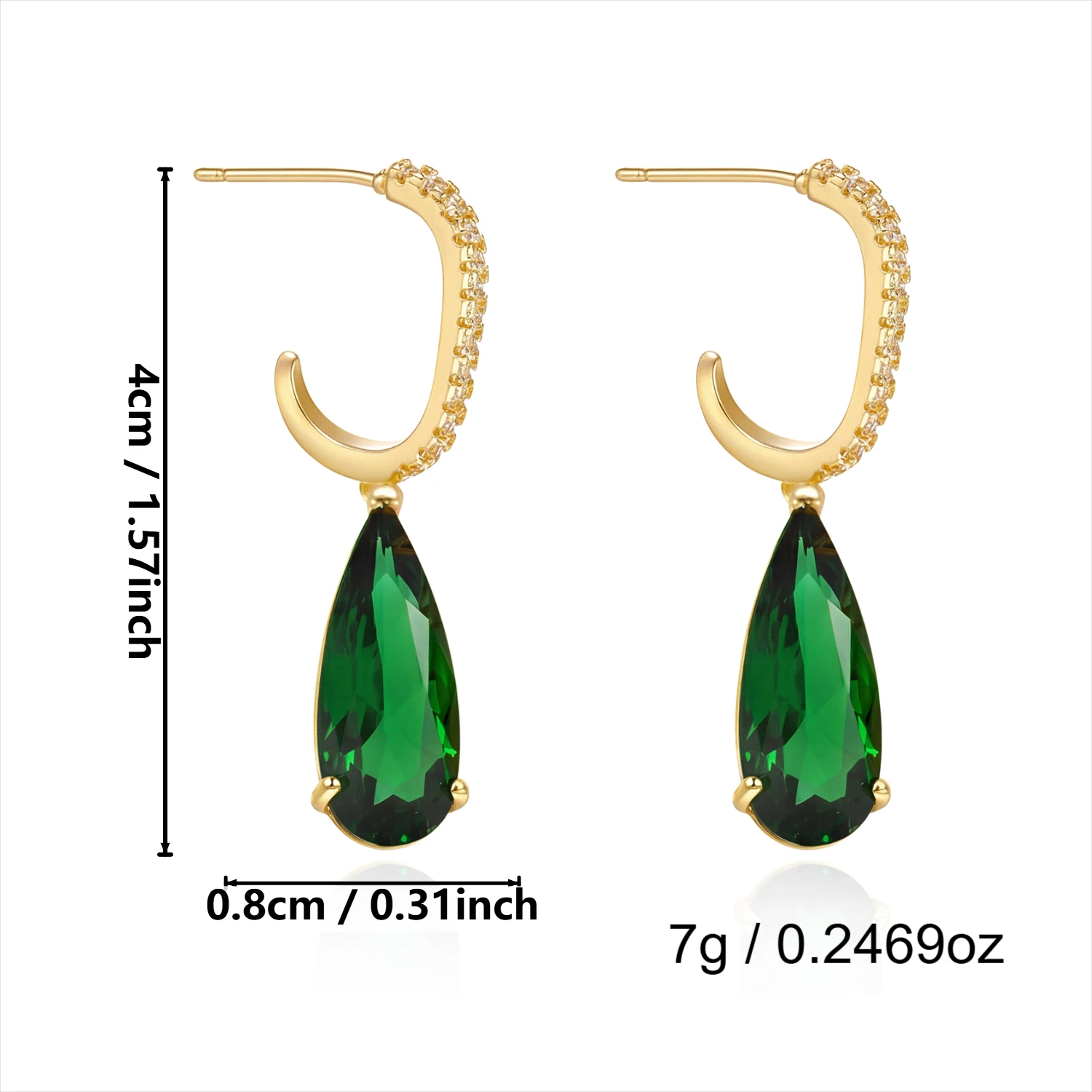 Elegante grüne CZ-Tropfenohrringe für Damen, temperamentvolle goldfarbene geometrische Hängeohrringe, luxuriöser trendiger Schmuck für die Büro-Dame. – Detail 6