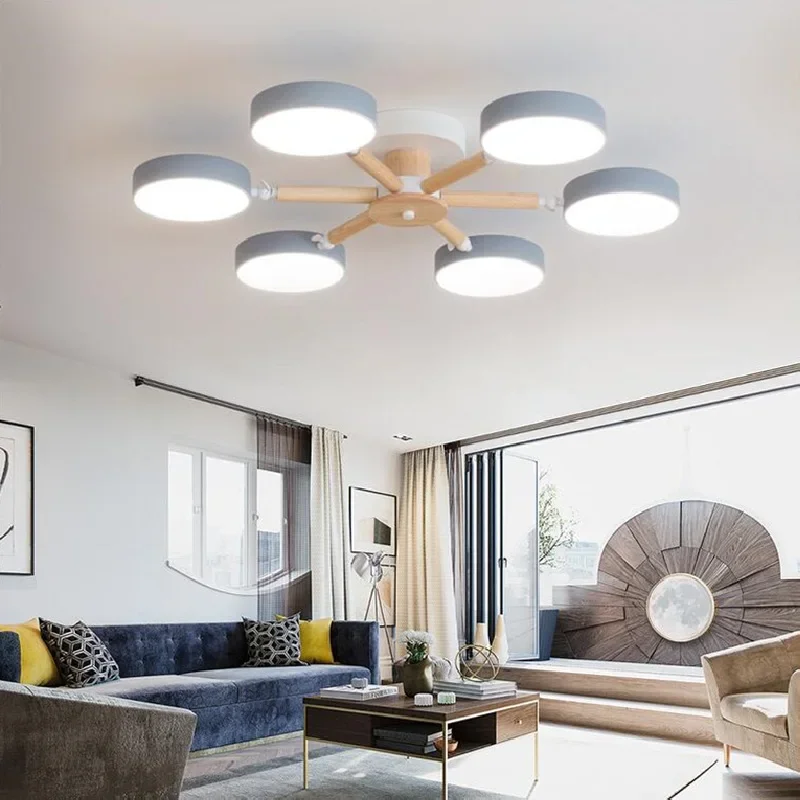 Living Room LED Chandelier Ceiling Lamp Light Color Changeable Art Wooden Lights