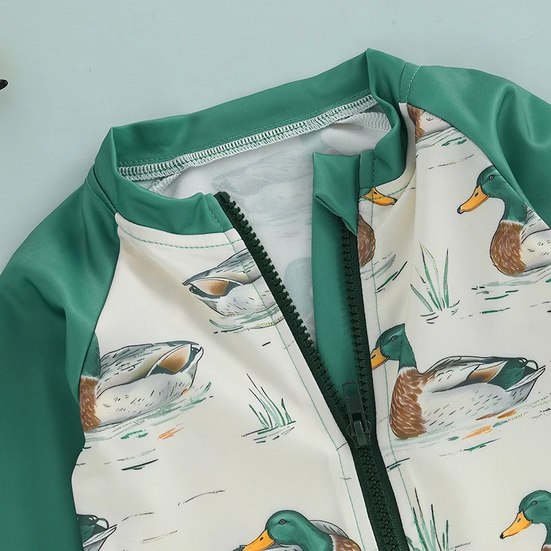 Kids Swimsuits Toddler Kids Boy Rash Guard Swimsuit with Hat 2 Pcs Set Duck Printed Zip Up Long Sleeve Crew Neck Baby Boy Swimwears
