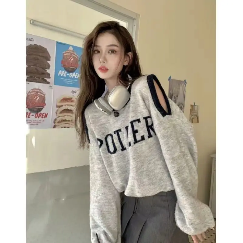 Hollow Out Sweatshirts Women Letter Gray Loose Off Shoulder Simple Casual Korean Fashion Style All-match Crop Autumn Y2k Clothes