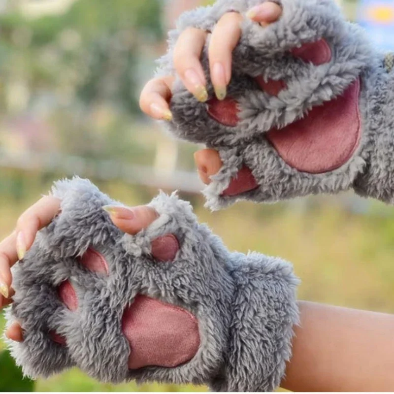 Lovely Plush Cat Claw Paw Gloves Plush Mittens Warm Plush Soft Short Fingerless Fluffy Bear Gloves Costume Half Finger Gloves