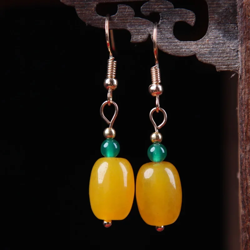 

925 Silver Fashion Retro Yellow Agate Beads Earrings Handmade DIY Jewellery Accessories Lucky Amulet Gifts Her Woman