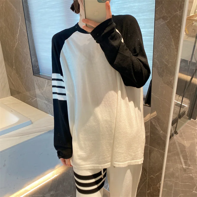 

Women Long Sleeve T-Shirt Top Matching Color Cotton Loose Men Top Casual Solid Striped Tee Korean Design Wool TB Top