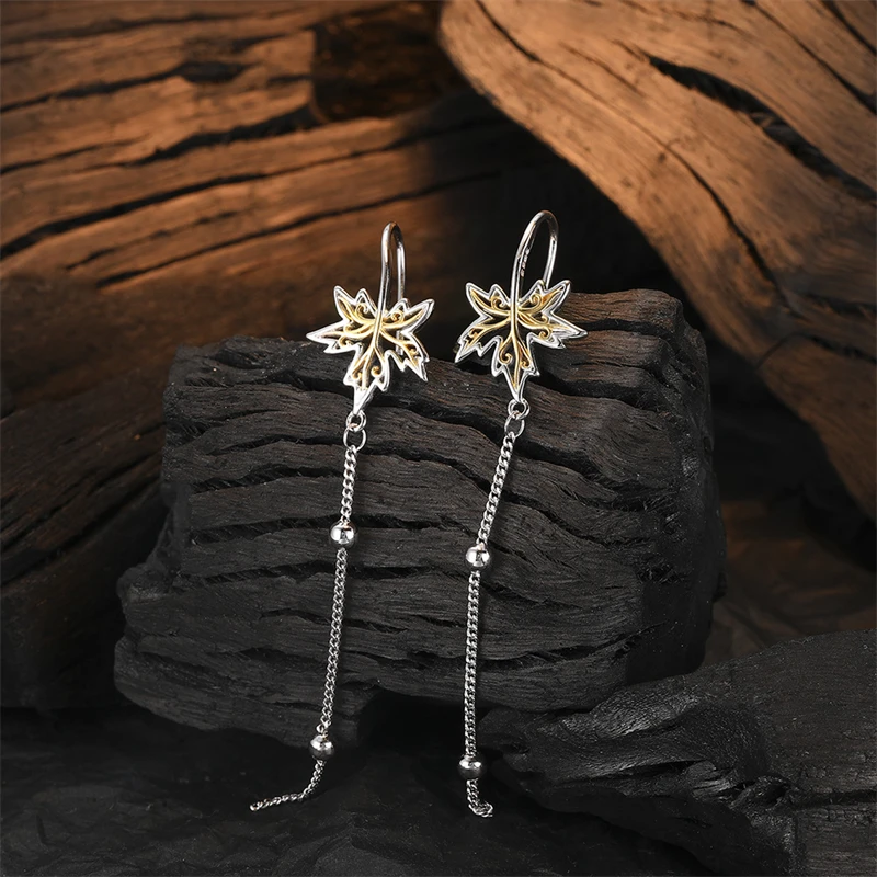 925 Sterling Silver Hollow Maple Leaf Earrings for Women Simple Tassel Chain Long Ear Wire Earrings Banquet Jewelry Accessories