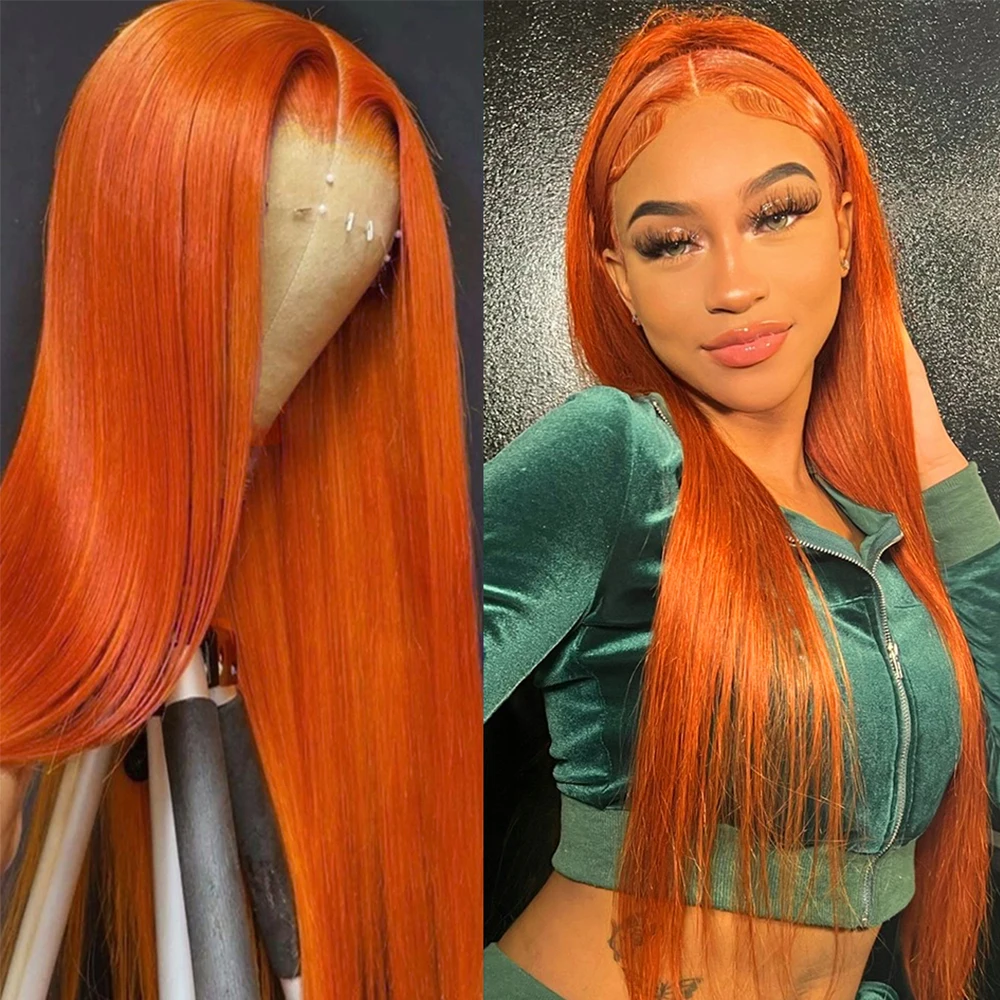 

13x6 Orange Ginger Wig Bone Straight Lace Front Human Hair Wig 13x4 Hd Transparent Lace Frontal PrePlucked Colored Wig For Women