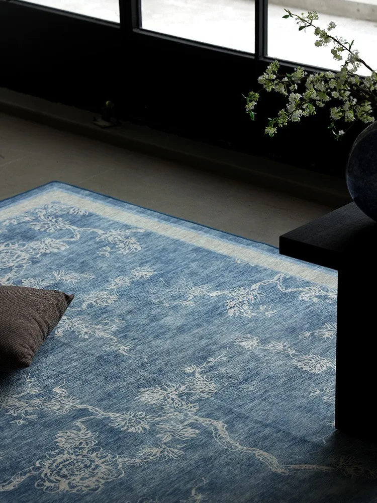 Chinese Retro Living Room Large Area Carpet Ethnic Style Bedroom Carpet Blue Floral Home Rug Soft Non-slip Machine Washable Rugs 4