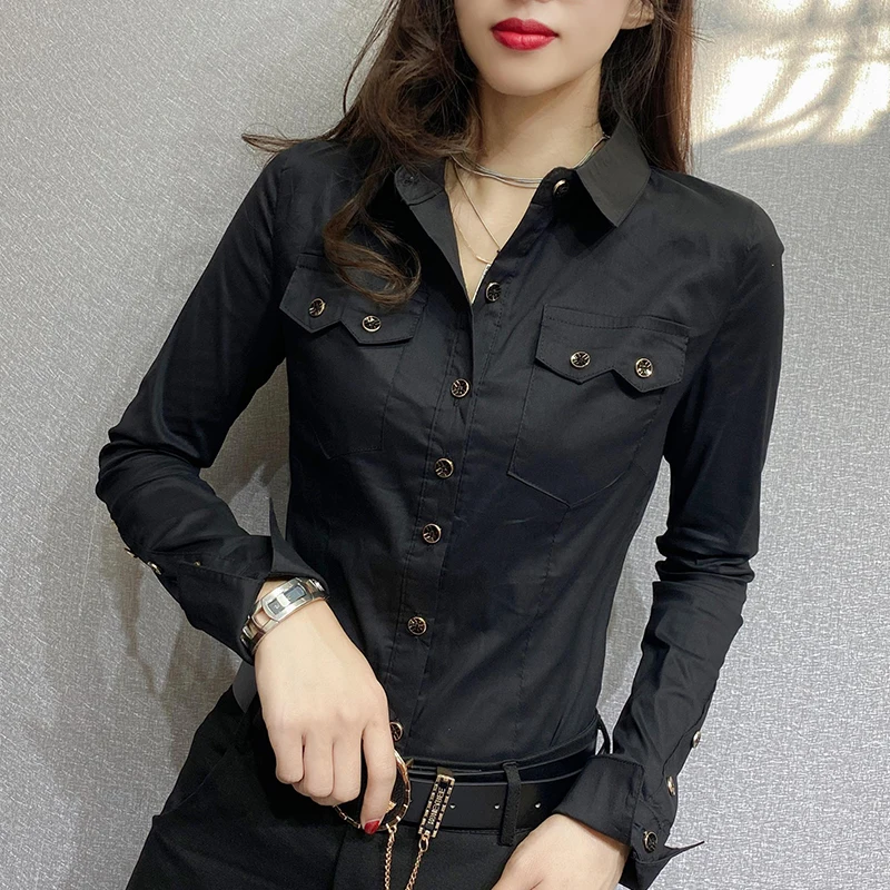 Blusa negra Lisa mujer, camisa informal de manga larga, Tops ajustados coreanos, elegante mujer, novedad de verano _ - AliExpress Mobile