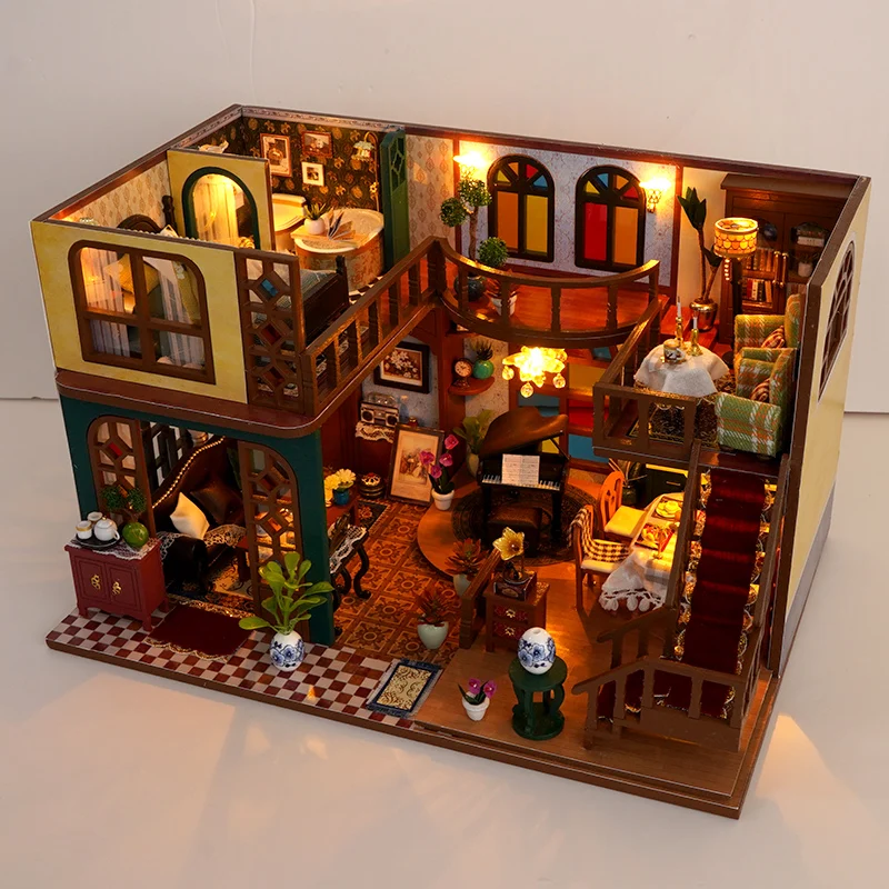 Diy Wooden Casa Doll Houses Miniature Building Kits European Villa Dollhouse With Furniture Led Lights For Girls Birthday Gifts