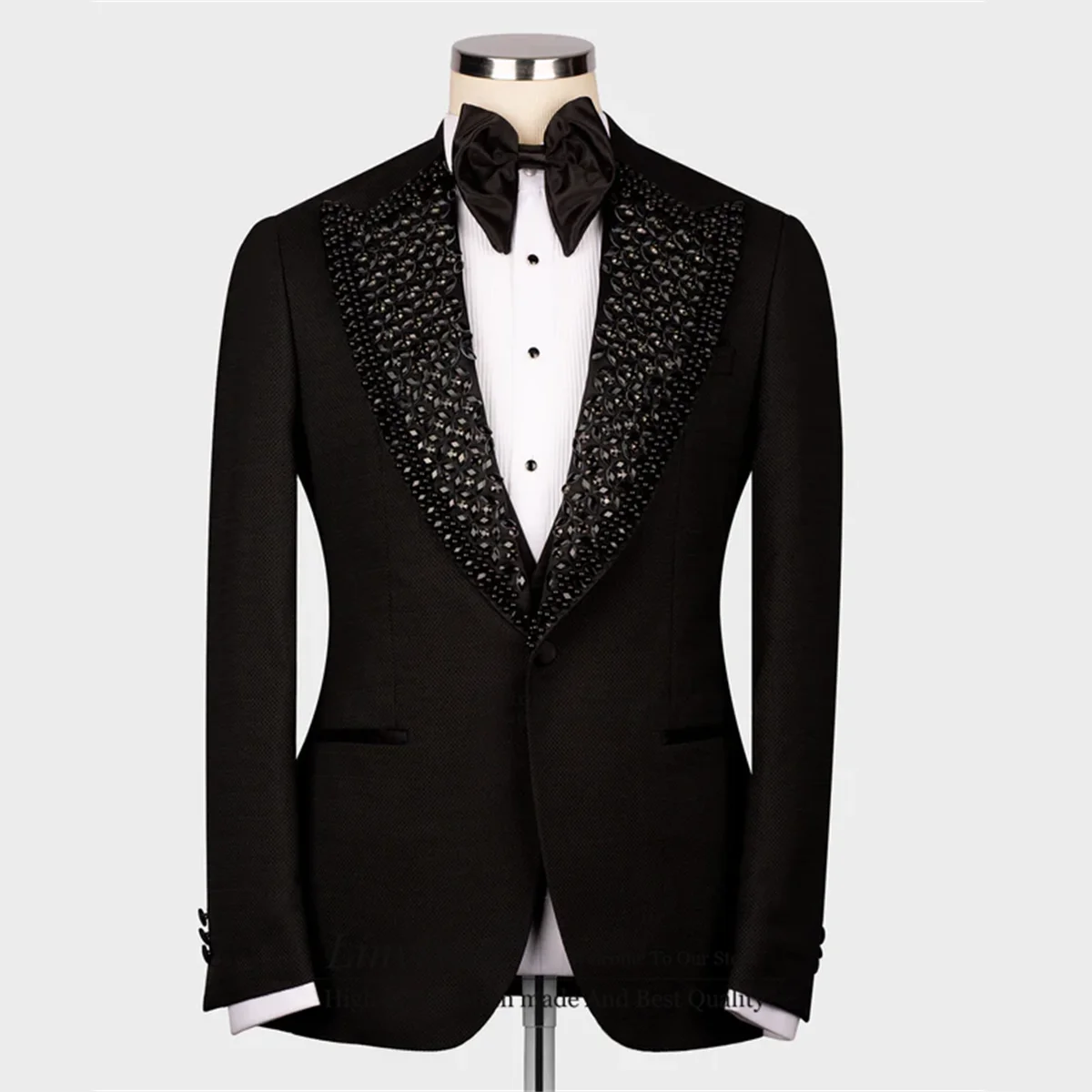 

Luxury Black Embroidery Beaded Men Suits Shiny Shawl Lapel Groom Wedding Tuxedos 3 Pieces Prom Blazers Slim Fit Costume Homme