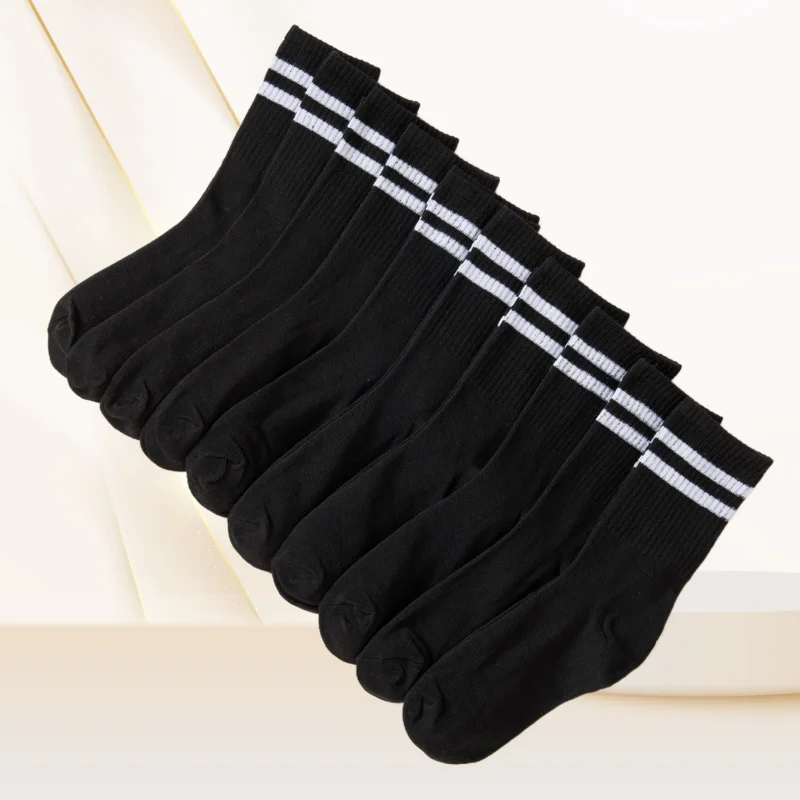 Popular Sweat Absorption Fashion Women's Socks 10 Pairs High Tube Mid Length Socks Set Women In Solid Black White Parallel Bars