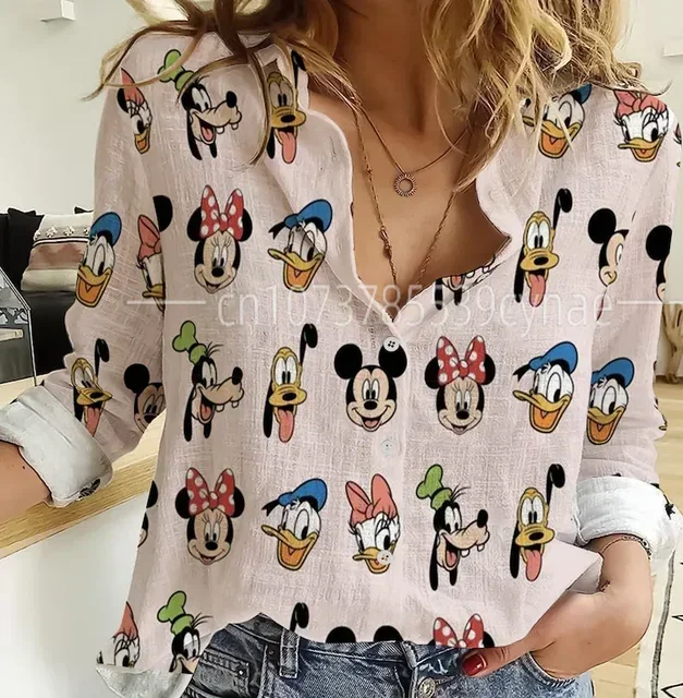 

2024 Disney Hawaii Women's Shirt Summer Minnie Mickey Long Sleeves Button Shirt 3D Print Fashion Casual Y2K Women's T-Shirt