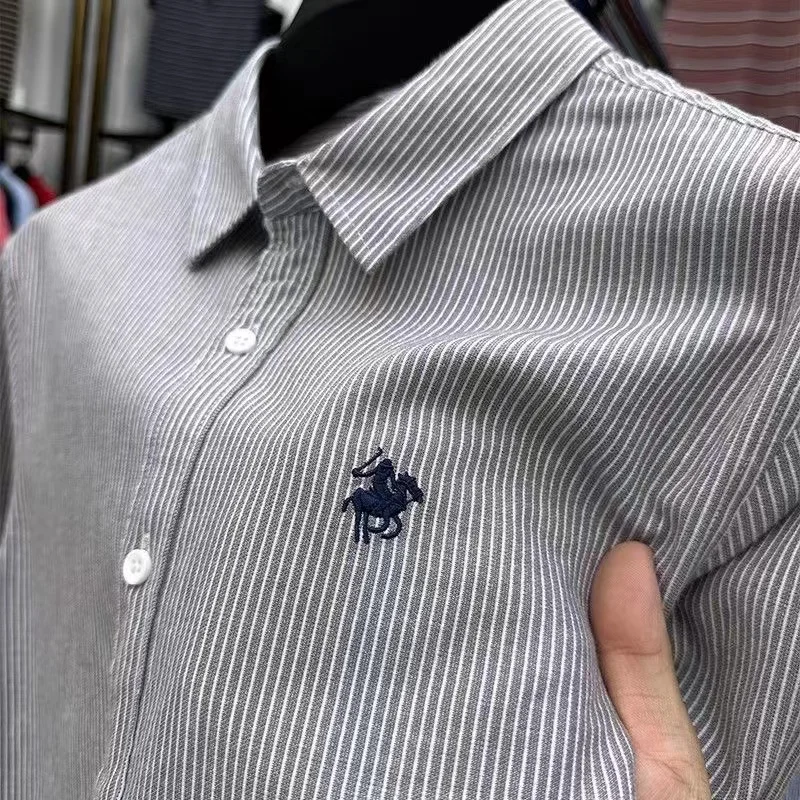 High End New Brand 100%Pure Cotton Men's Stripe Shirt Embroid Long Sleeve Shirt Korean Version Business Leisure Men's Clothing