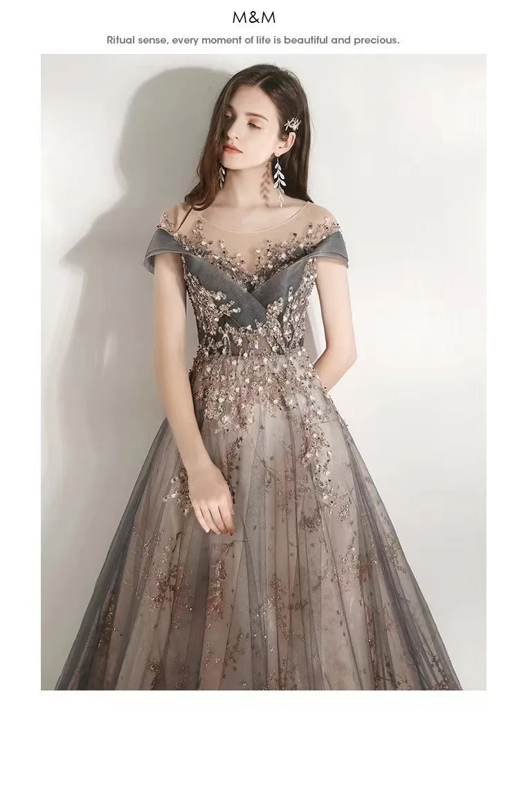 Luxury Prom Dress Off Shoulder A-Line Beading Exquisite Sequins Illusion Scoop Neck Gray Spray Gold Tulle Ceremony Evening Gowns Luxury Prom Dress Off Shoulder A-Line Beading Exquisite Sequins Illusion Scoop Neck Gray Spray Gold Tulle Ceremony Evening Gowns